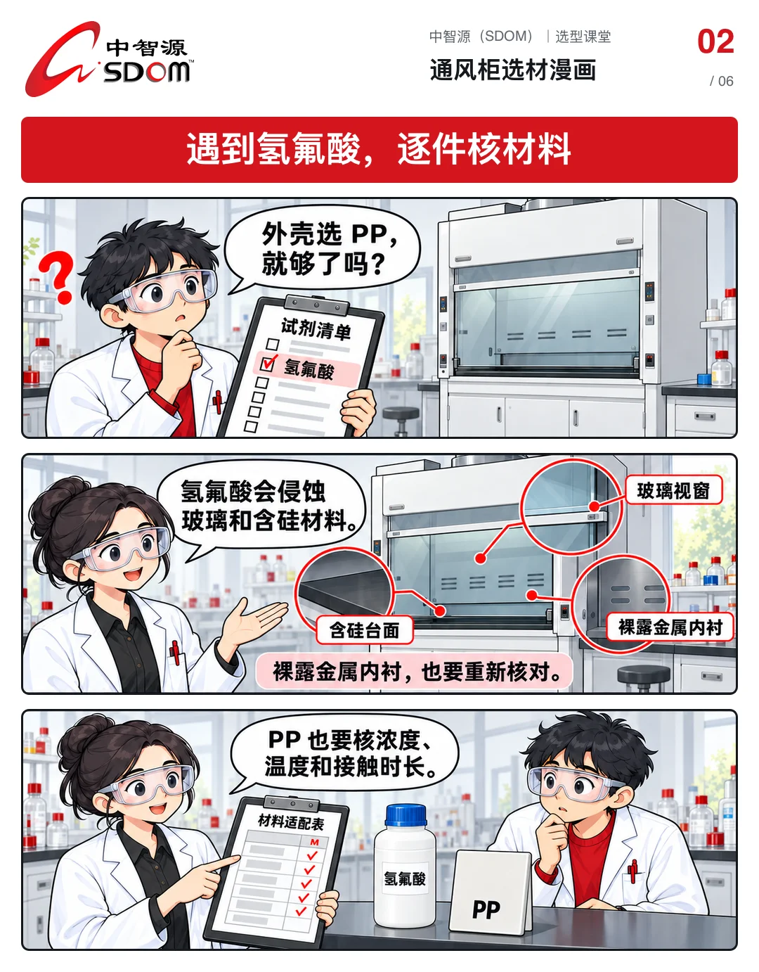 通风柜选材漫画第 2 张-氢氟酸工况下核对玻璃视窗、含硅台面与裸露金属内衬